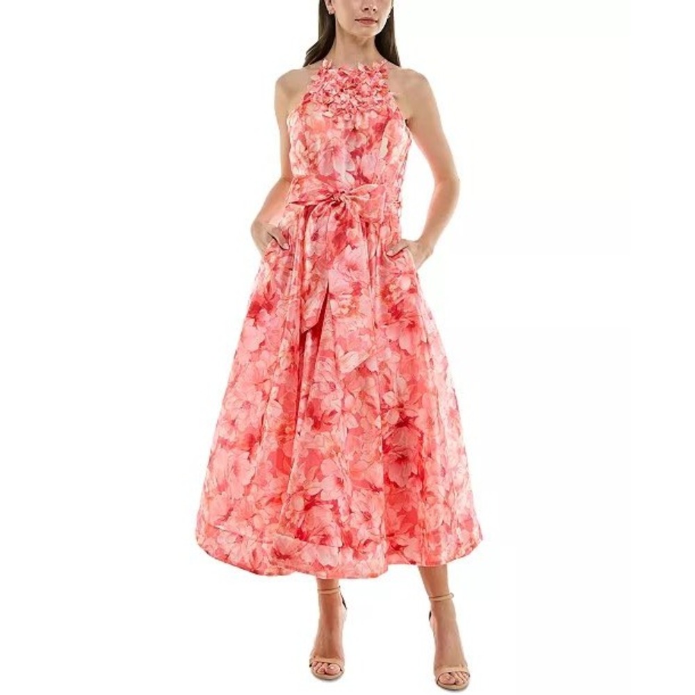 Taylor Pink Floral 3D Applique Halter Midi Dress‎ with Pockets Size 10 NEW